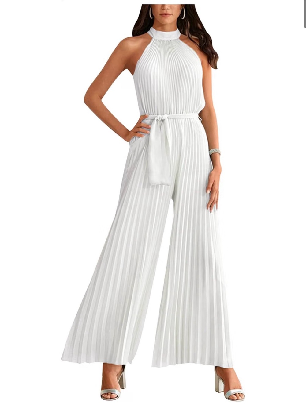 Elegant White Halter Pleated Jumpsuit